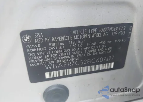 2011 BMW 535I z USA, uszkodzony, nr VIN WBAFR7C52BC607127